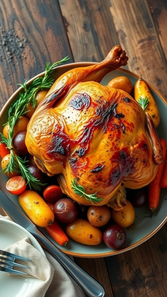 Savory Herb Roast Chicken Dinner Golden roasted chicken with seasonal vegetables on a rustic wooden table.